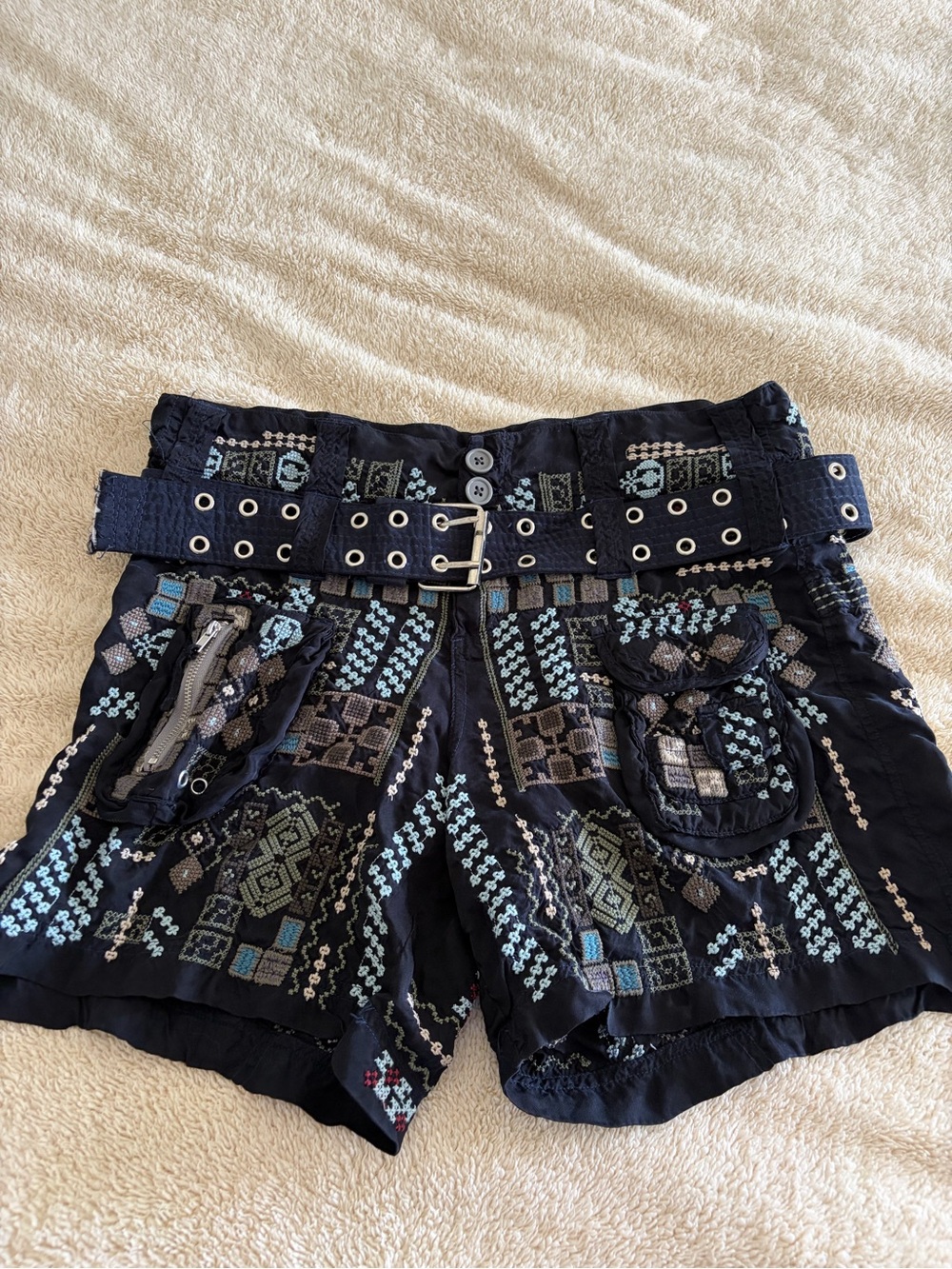 Johnny Was Black Embroidered Belted Shorts